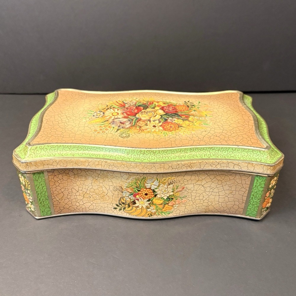 Vintage Floral Flowers Embossed Metal Tin Made In Holland 10" Biscuit Candy